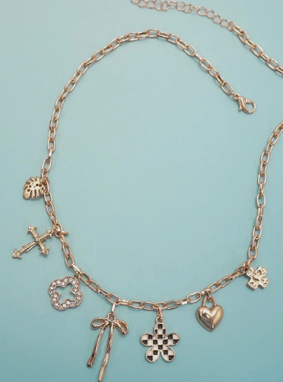 Charm Necklace- Checker Flower Heart 6